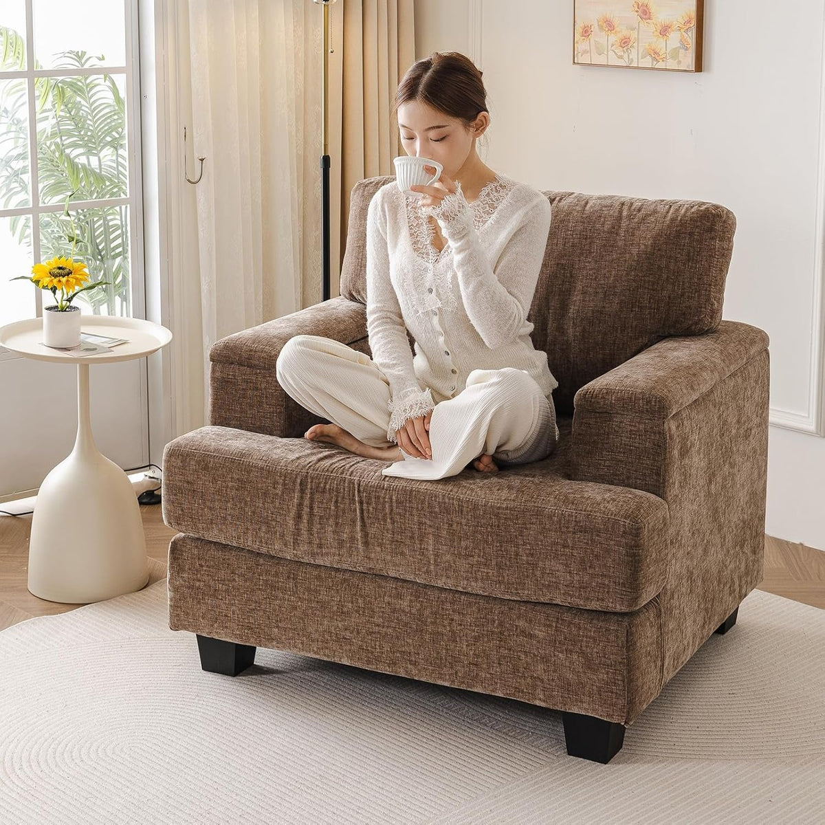 Oversized Brown Armchair With Armrest Organizer Cushion