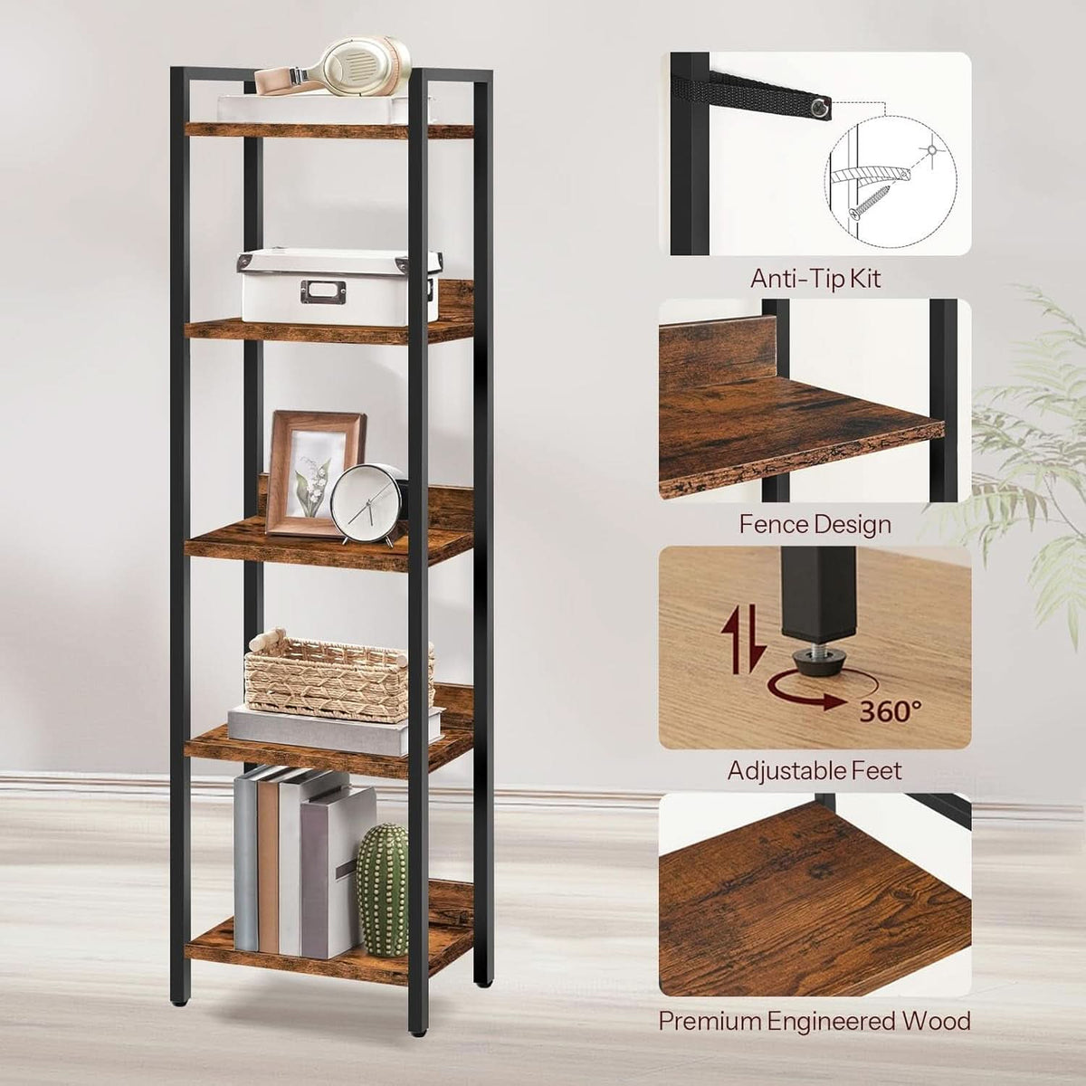 Five Tier Bookshelf Rustic Brown Storage Organizer