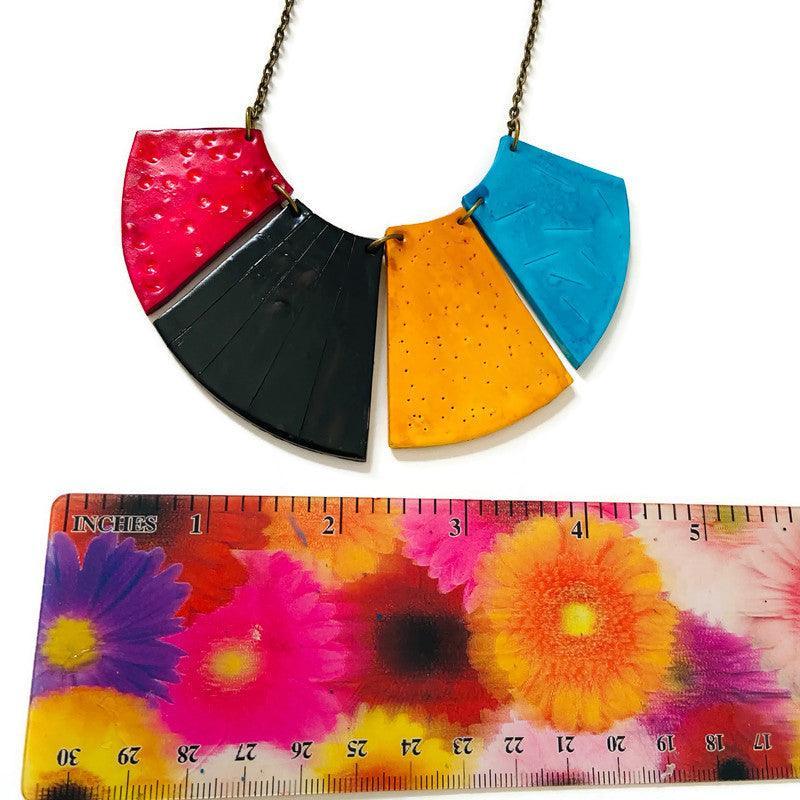 Bold Fringe Statement Necklace, Four-Piece Bib, Handmade Polymer Clay-4