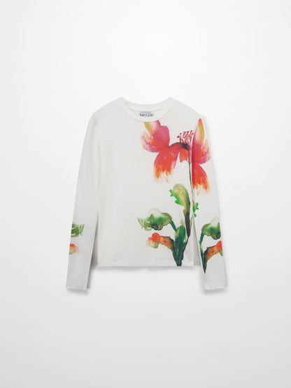 Printed Ribbed T-Shirts-White Flower Pop-1