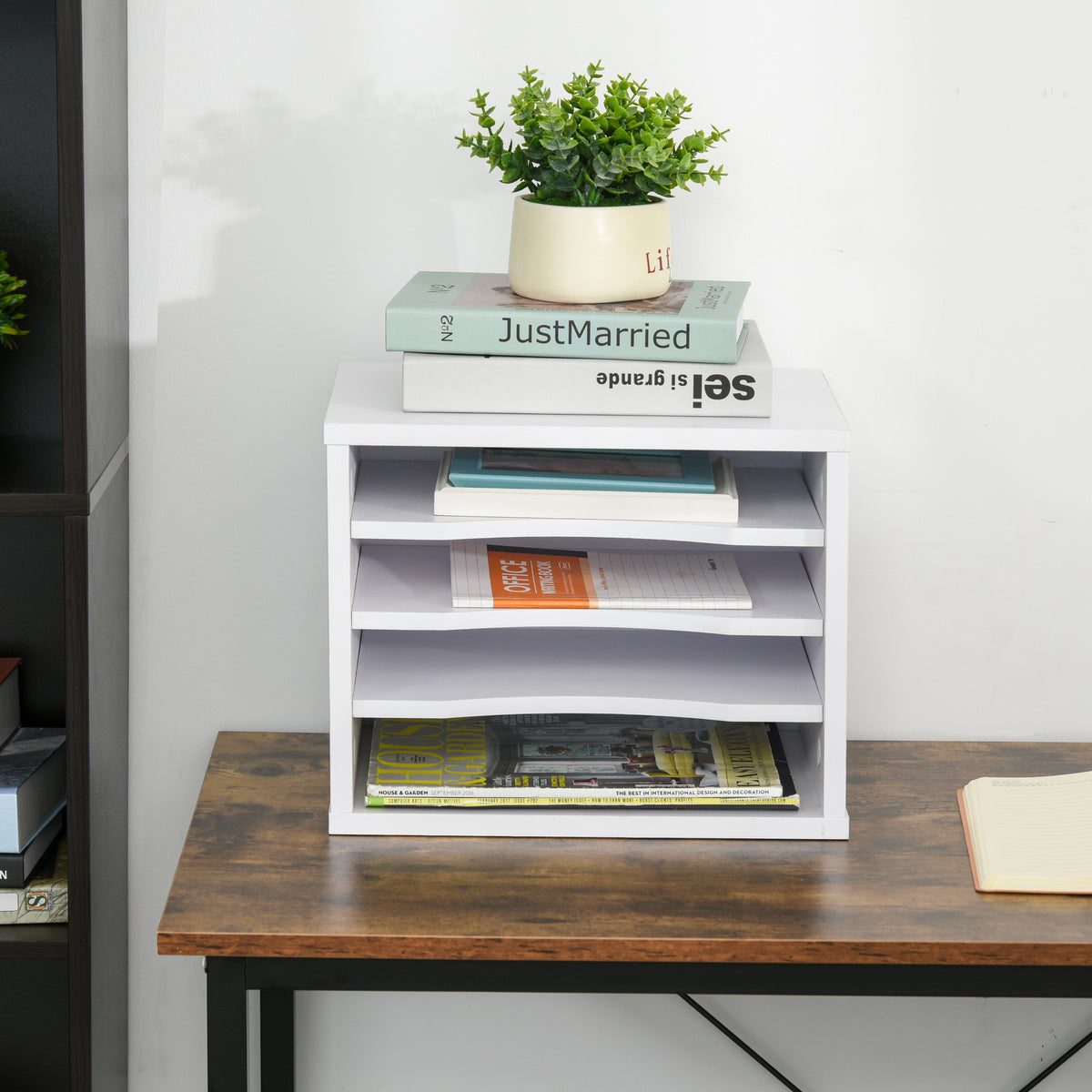 Lot de 2 organiseurs bureau bois blanc avec couches fournitures support d'imprimante dim. 35,5L x 25l x 28,6H cm