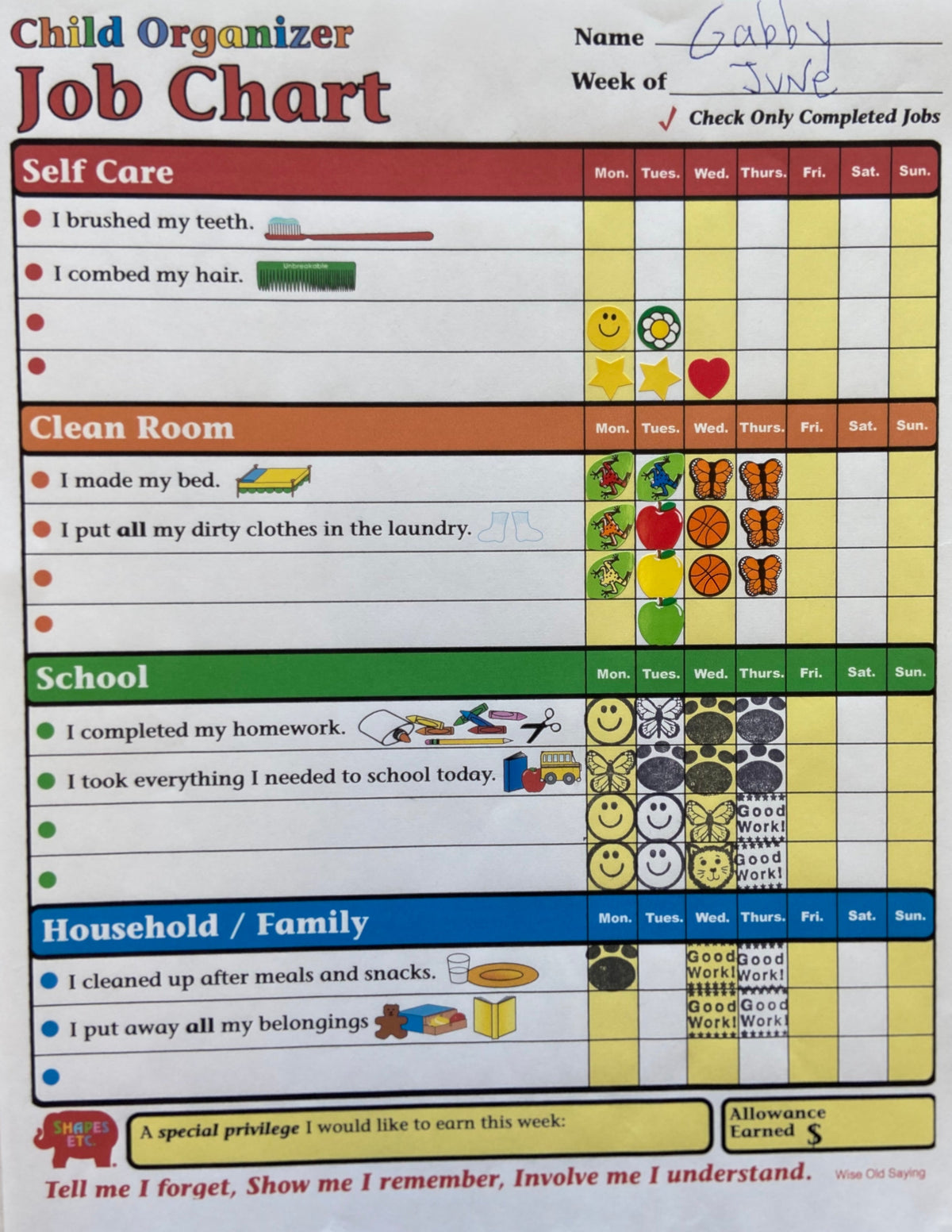 SHAPES ETC. Job Chart - Child Organizer