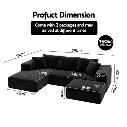 Artiss Modular Sofa Bed with Ottoman Sectional Boneless Couches for Living Room Corduroy Compressed Sofa Black