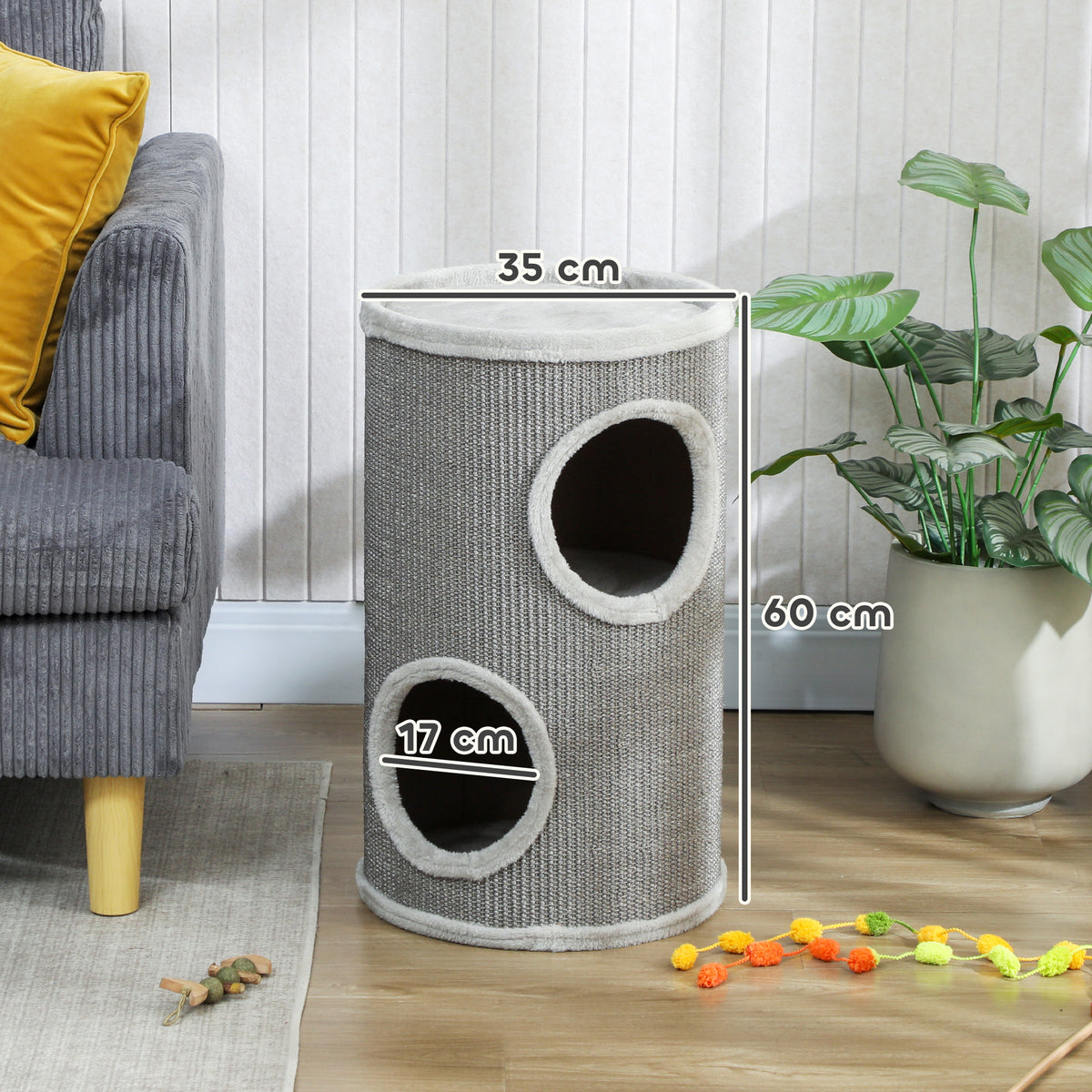 Tonneau à Gratter pour Chat, Tour à Griffer, Arbre à Chat à 2 Couches en Sisal Naturel, Ø35x60cm, Gris Clair
