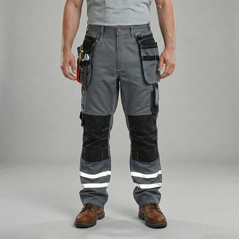 100% Cotton Cargo Work Pants with Knee Pad Pockets & Reflective Stripes – B114