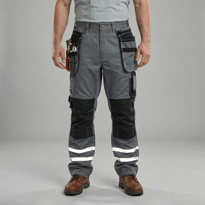 100% Cotton Cargo Work Pants with Knee Pad Pockets & Reflective Stripes – B114