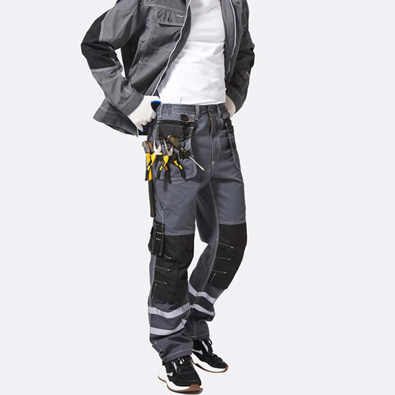 100% Cotton Cargo Work Pants with Knee Pad Pockets & Reflective Stripes – B114