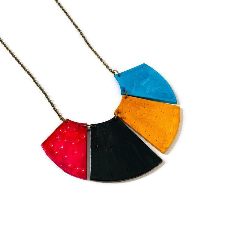 Bold Fringe Statement Necklace, Four-Piece Bib, Handmade Polymer Clay-1