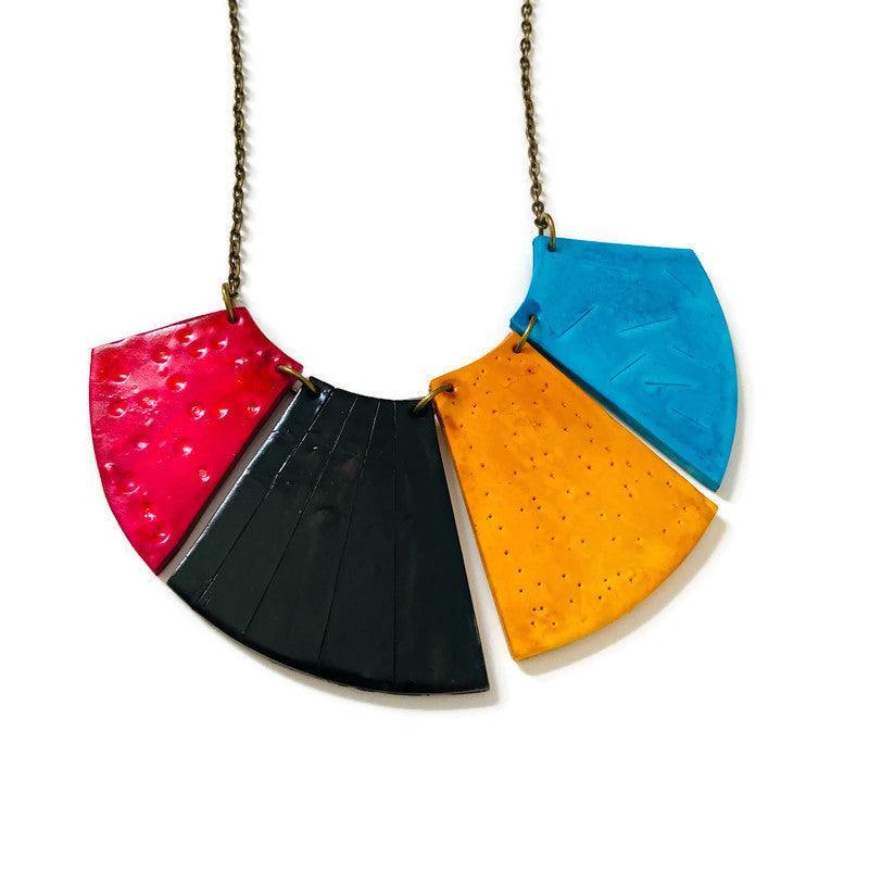 Bold Fringe Statement Necklace, Four-Piece Bib, Handmade Polymer Clay-3