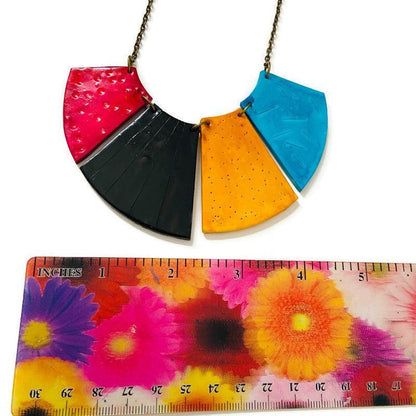 Bold Fringe Statement Necklace, Four-Piece Bib, Handmade Polymer Clay-4
