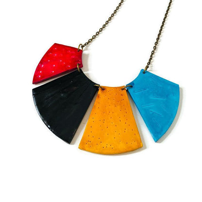 Bold Fringe Statement Necklace, Four-Piece Bib, Handmade Polymer Clay-0