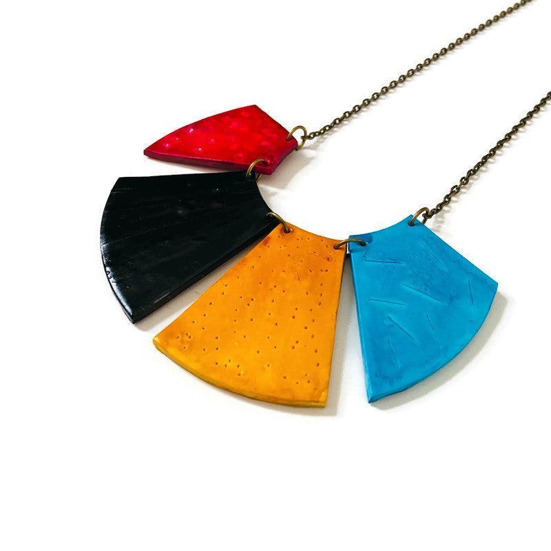Bold Fringe Statement Necklace, Four-Piece Bib, Handmade Polymer Clay-5