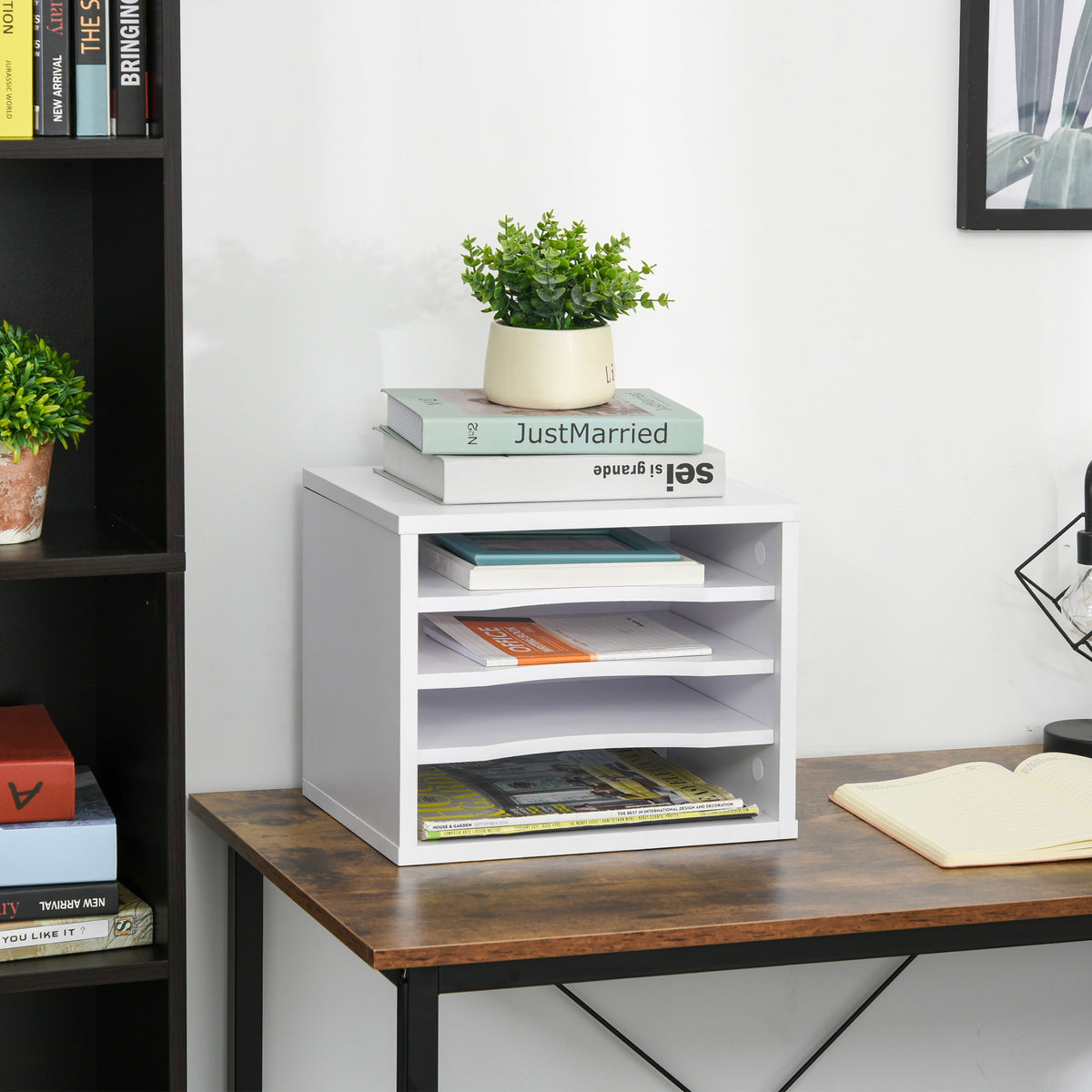 Lot de 2 organiseurs bureau bois blanc avec couches fournitures support d'imprimante dim. 35,5L x 25l x 28,6H cm