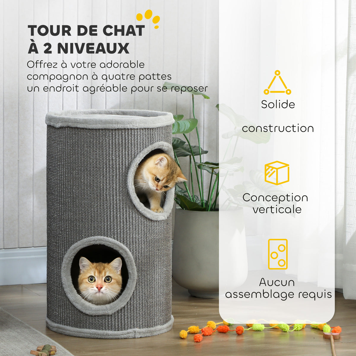 Tonneau à Gratter pour Chat, Tour à Griffer, Arbre à Chat à 2 Couches en Sisal Naturel, Ø35x60cm, Gris Clair